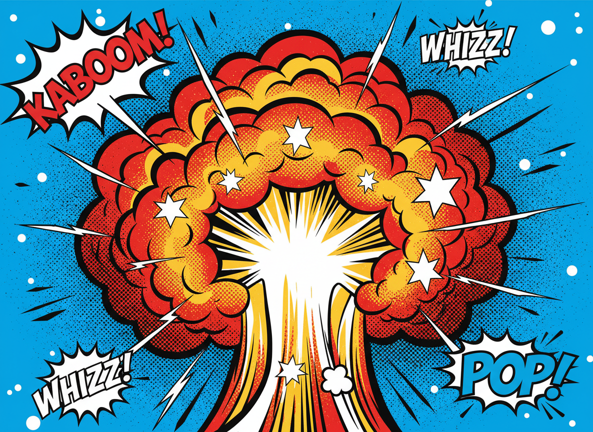 하프톤 점과 역동적인 선이 있는 만화책 스타일 폭발 구름의 팝아트 일러스트레이션.