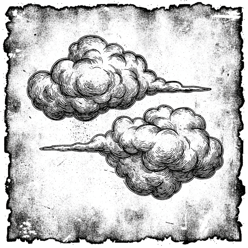 거칠고 질감 있는 검정색과 흰색 구름 그런지 일러스트.