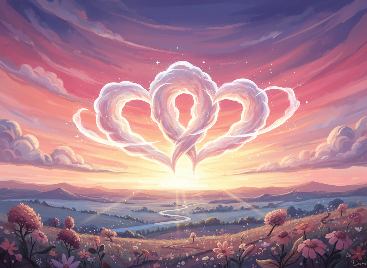 분홍색과 보라색 노을 하늘에 하트 모양의 구름 두 개가 얽혀 있는 로맨틱한 일러스트레이션.