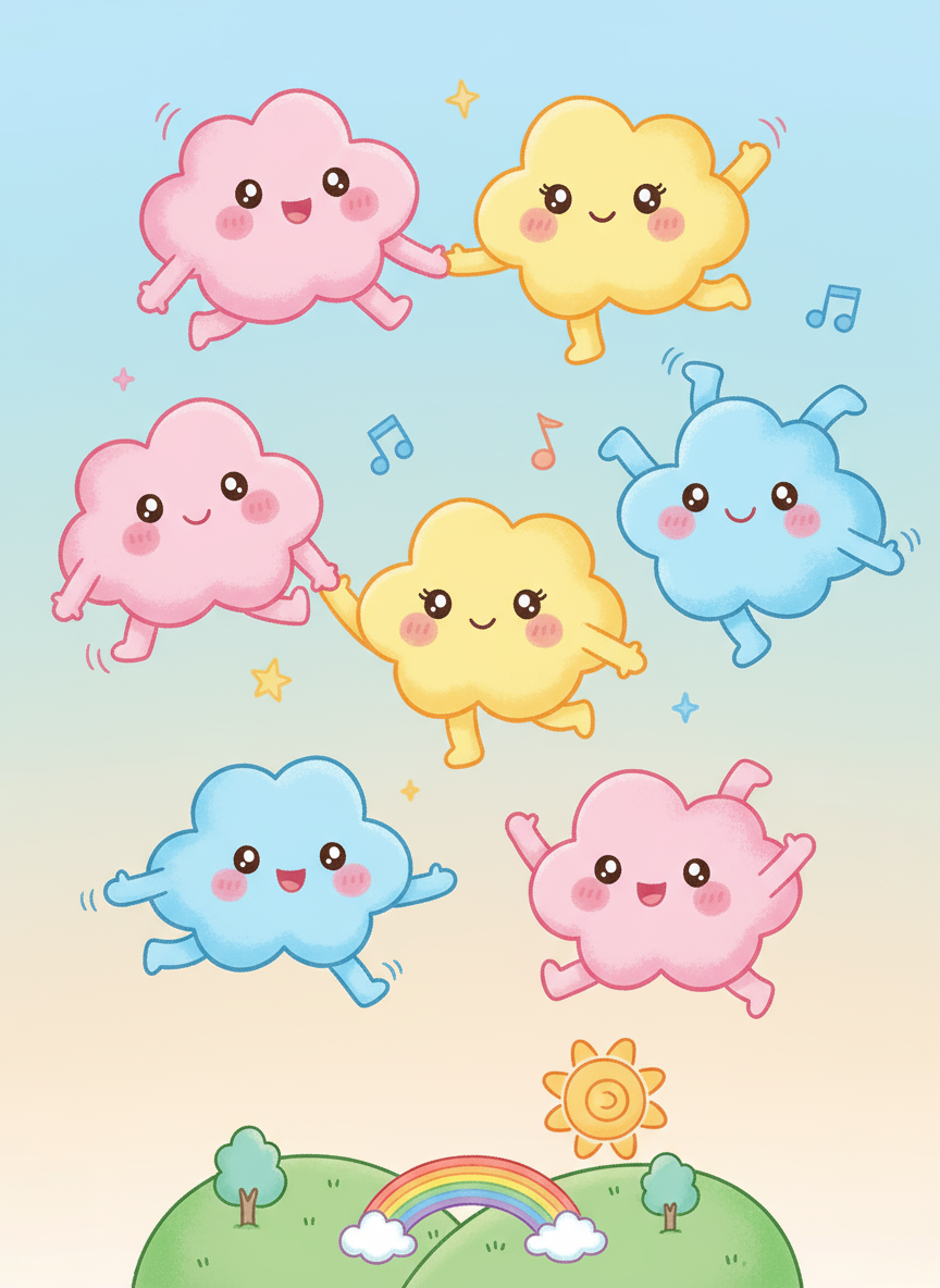 웃으며 행복하게 떠다니는 의인화된 구름의 유쾌한 만화 일러스트.