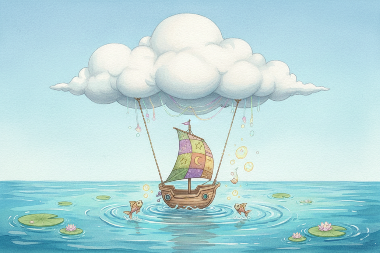 작은 배를 태운 구름 일러스트레이션, 상상력 풍부하고 기발하며, 아래에는 고요한 푸른 바다, 장난기 가득한 판타지.