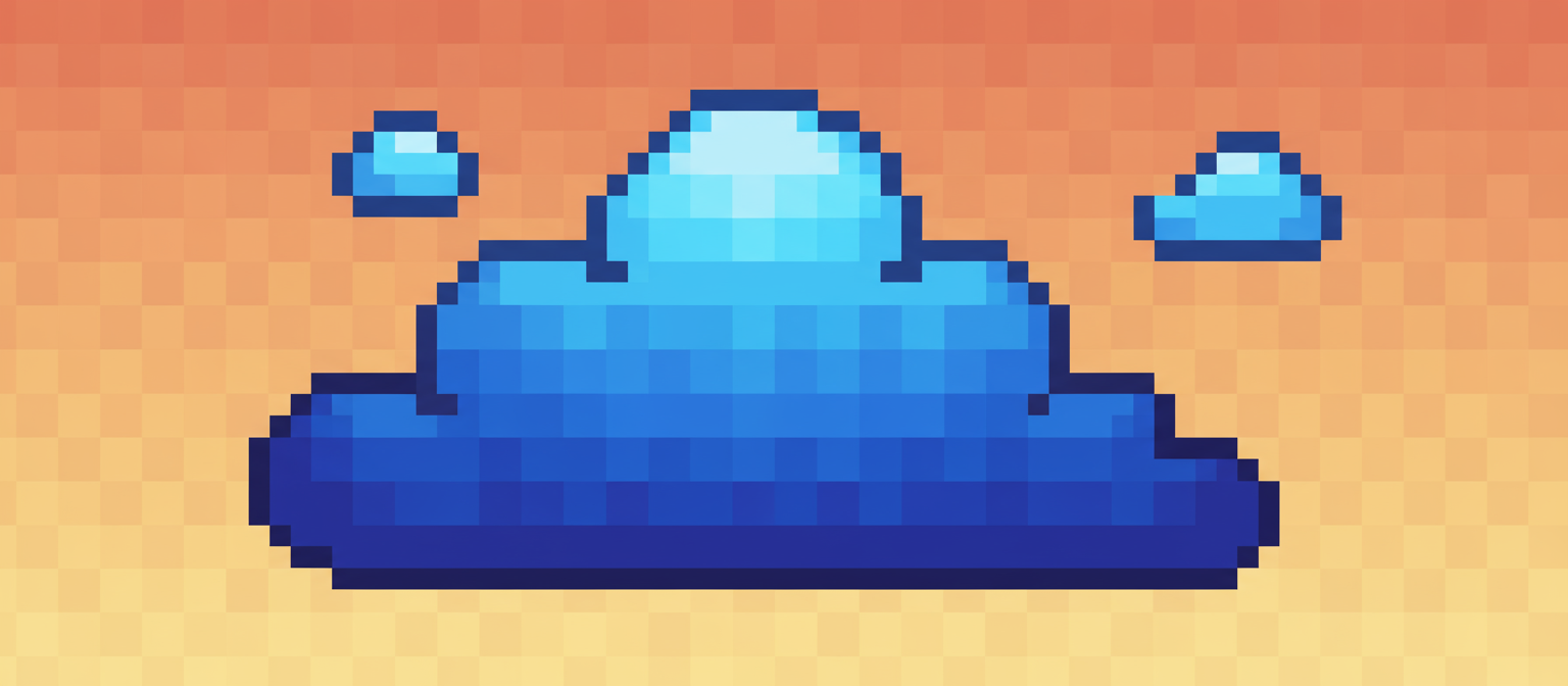 복고풍 미학을 가진 픽셀 아트 구름 일러스트레이션으로, 블록 형태의 구름이 특징입니다.