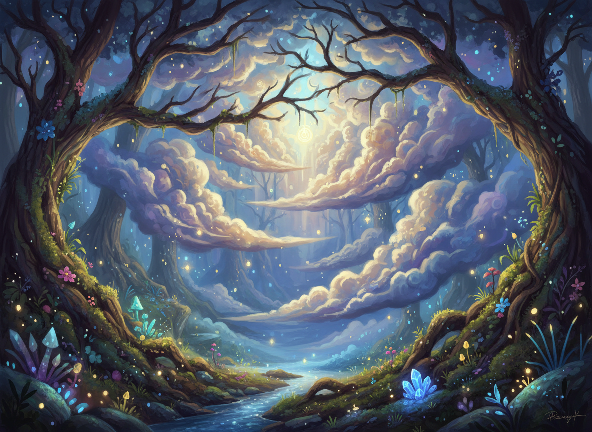 마법에 걸린 숲 일러스트레이션의 일부로서, 나무 가지와 얽히고 마법 같은 빛을 발하는 구름을 묘사한 판타지 아트.