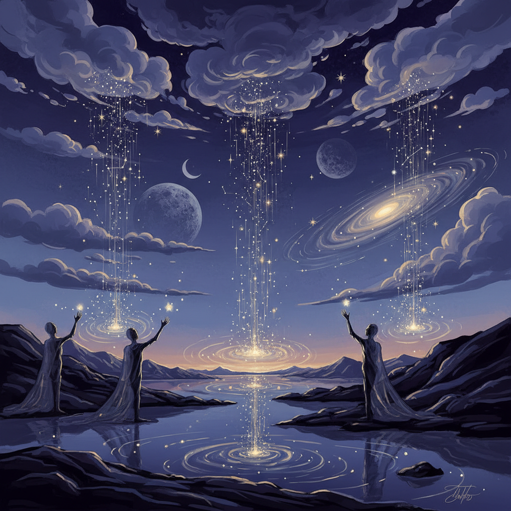 밤하늘을 배경으로 비 대신 별을 쏟아내는 구름을 묘사한 초현실주의 일러스트레이션.