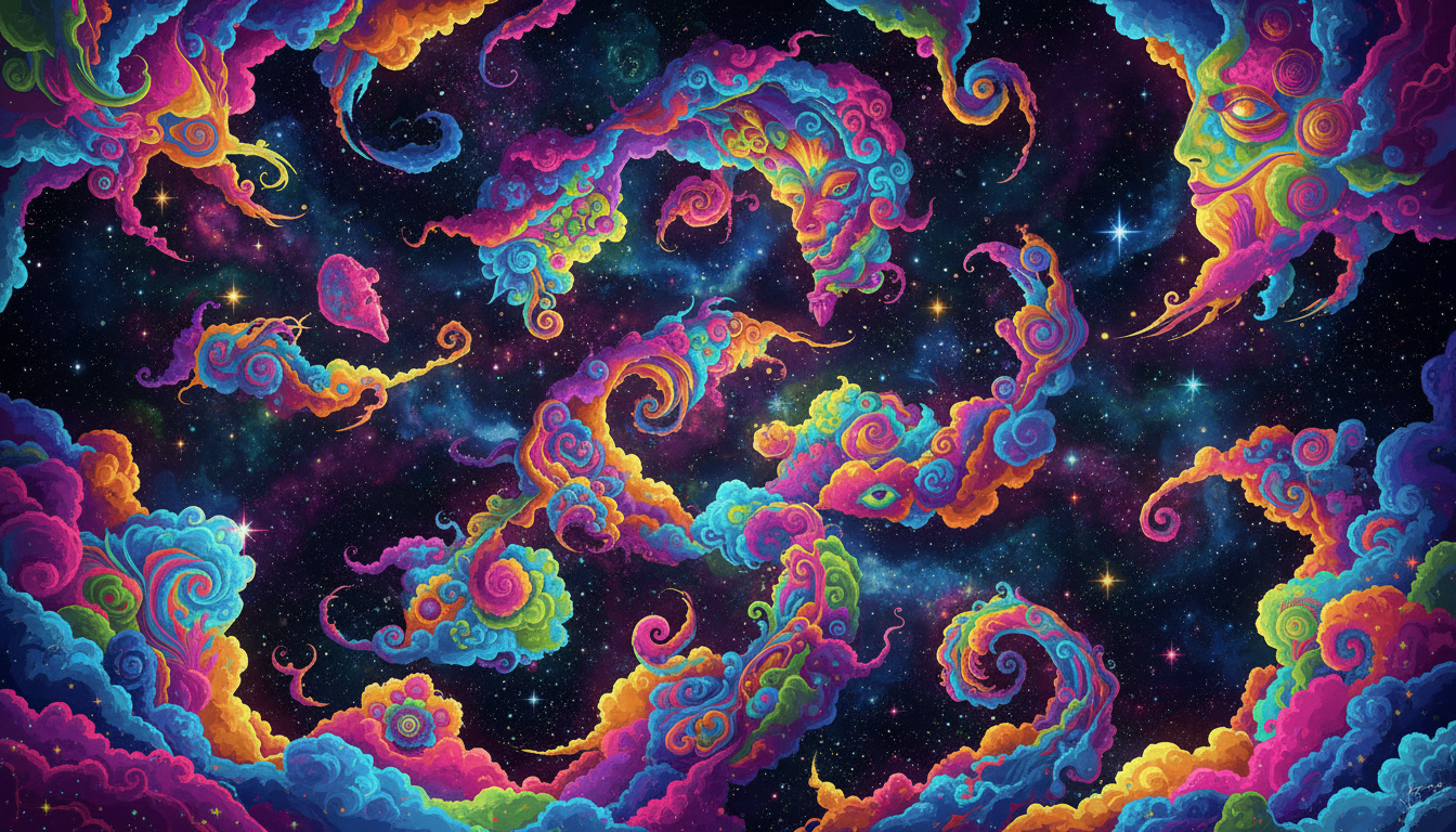 선명한 네온 색상으로 표현된 소용돌이치는 만화경 구름의 사이키델릭 일러스트레이션.