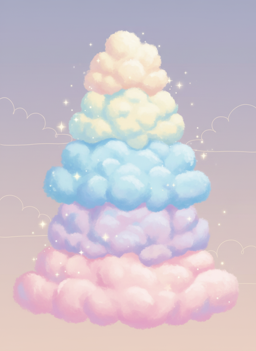 솜사탕처럼 부드러운 분홍색, 파란색, 노란색 파스텔톤의 구름이 겹겹이 쌓인 일러스트.