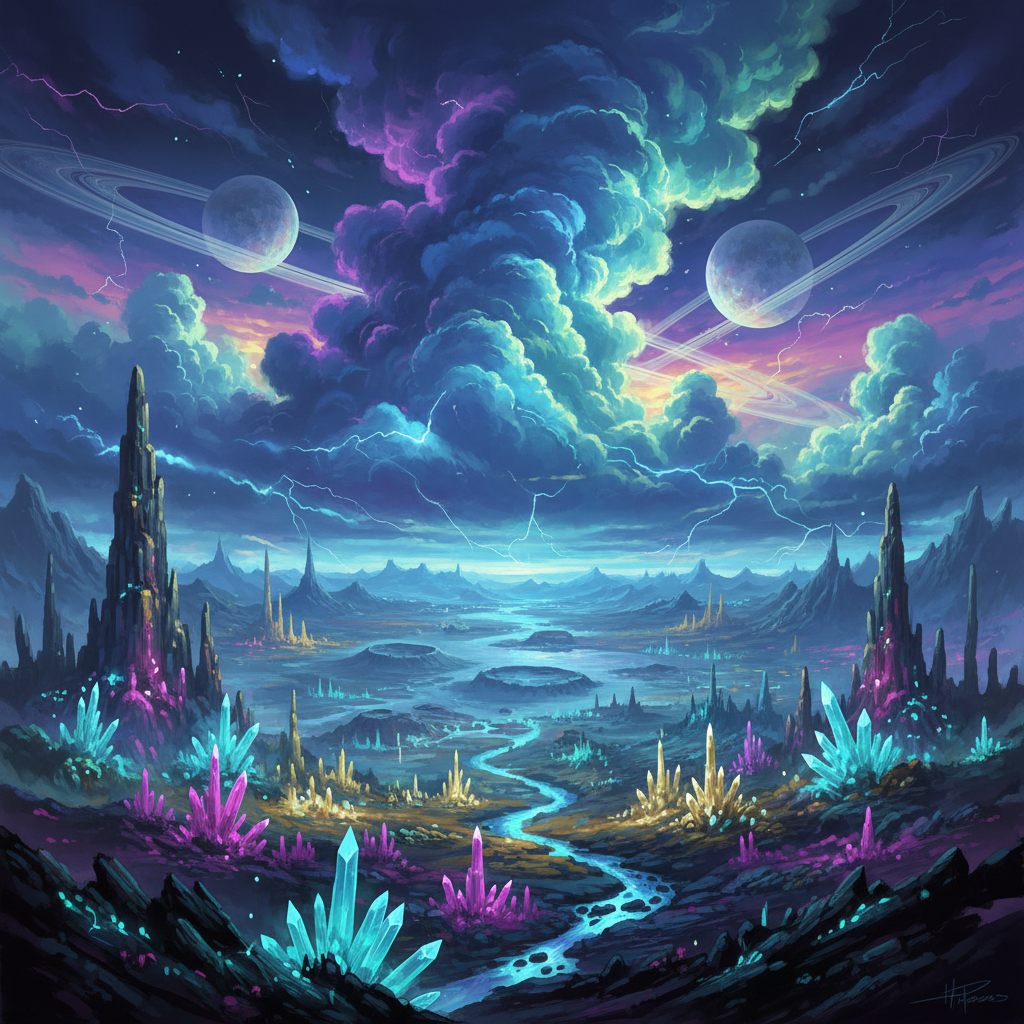 외계 행성 풍경 위에 떠 있는 생체 발광 요소가 있는 공상 과학 구름 일러스트.