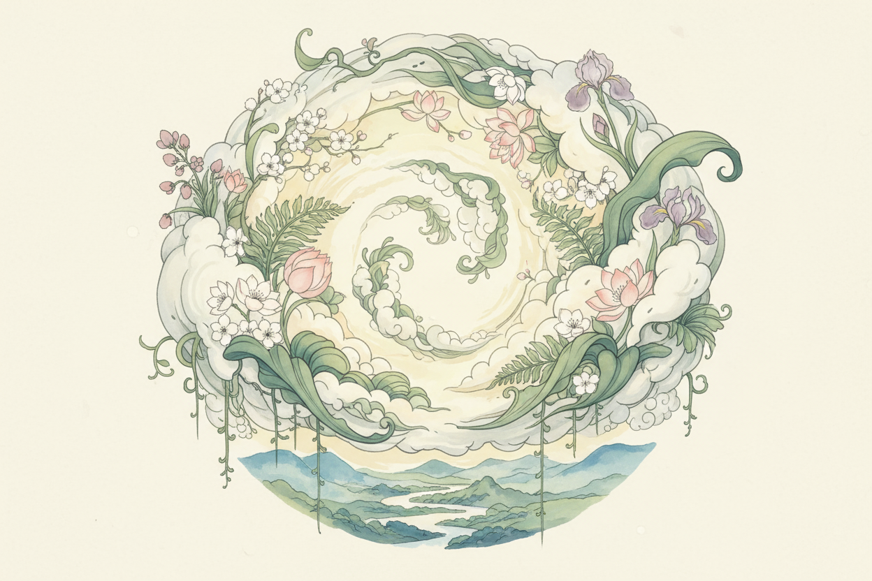 나뭇잎이나 꽃과 통합되어 유기적이고 고요한 조화를 이루는 자연에서 영감을 받은 구름 일러스트.