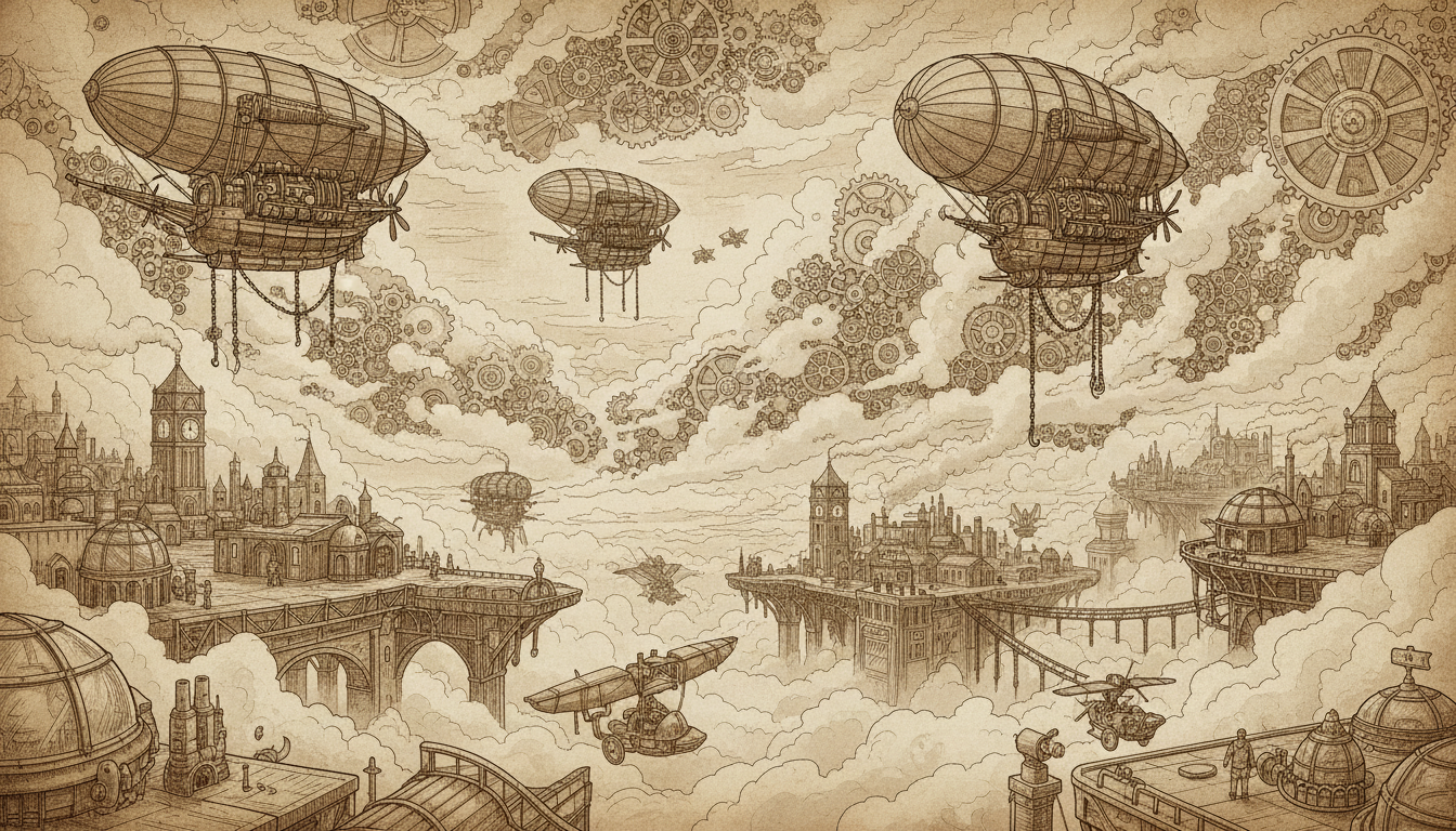 기계식 기어와 비행선이 얽혀 있는 구름을 세피아 톤으로 묘사한 스팀펑크 일러스트레이션.