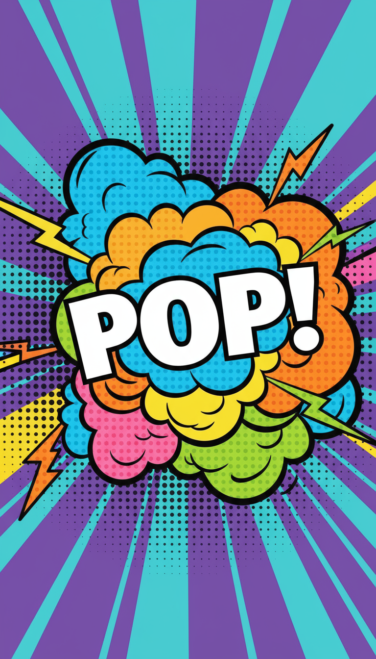 강렬한 색상, 두꺼운 검은색 윤곽선, 점 패턴이 특징인 생생한 팝아트 구름 일러스트.