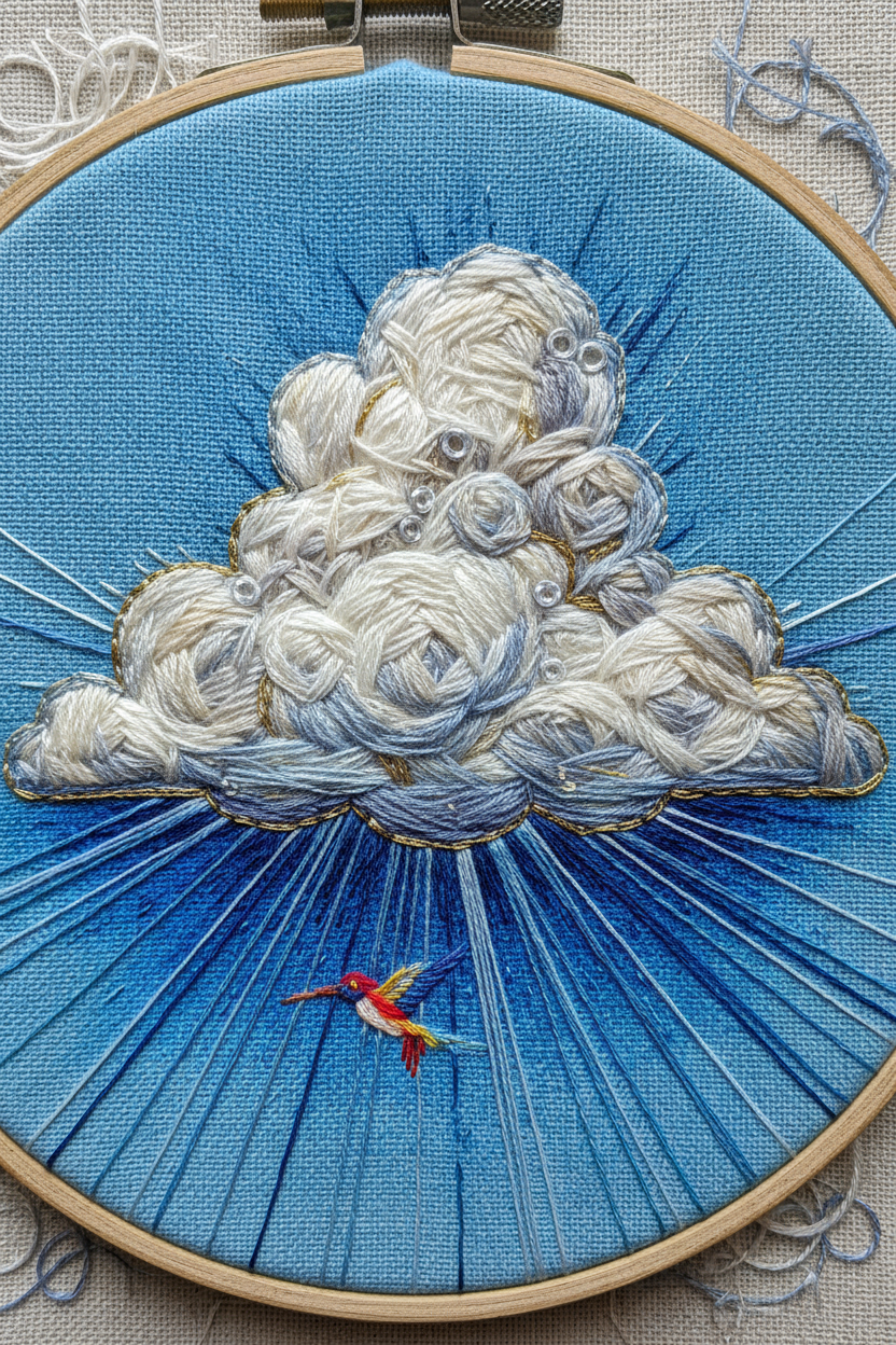 실의 질감이 보이는 구름 자수 아트 스타일 일러스트.