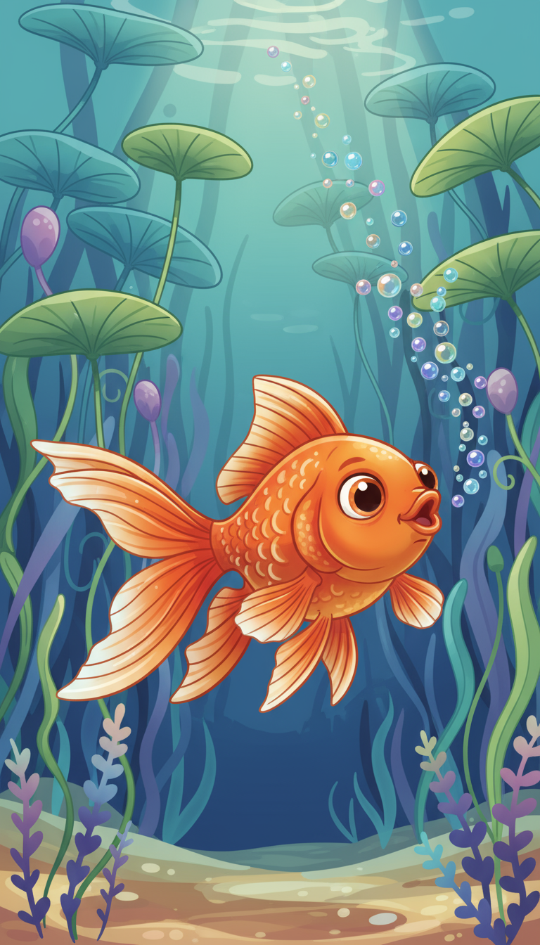 크고 표현력이 풍부한 지느러미를 가진 귀여운 금붕어 캐릭터가 작은 거품을 내뿜으며 헤엄치는 모습.