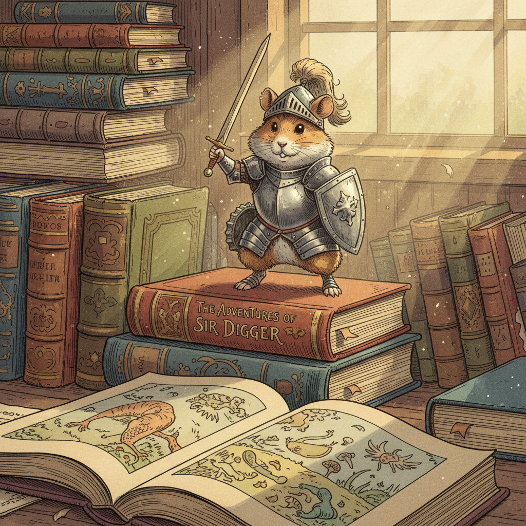 이쑤시개 검을 들고 책 더미 위에 용감하게 서 있는 귀여운 작은 기사 캐릭터 (햄스터).