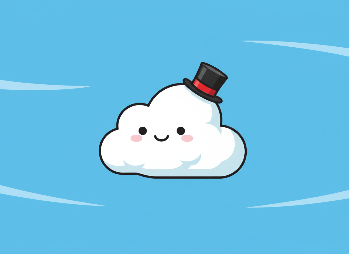 작은 중절모를 쓴 미소 짓는 귀여운 구름 캐릭터가 파란 하늘에 부드럽게 떠 있는 모습.