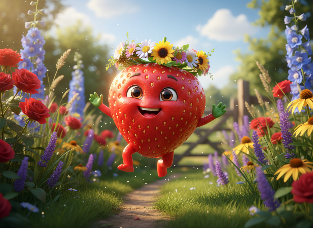 꽃 화관을 쓰고 여름 정원에서 뛰어노는 즐거운 귀여운 딸기 캐릭터, 밝고 신선한 느낌.