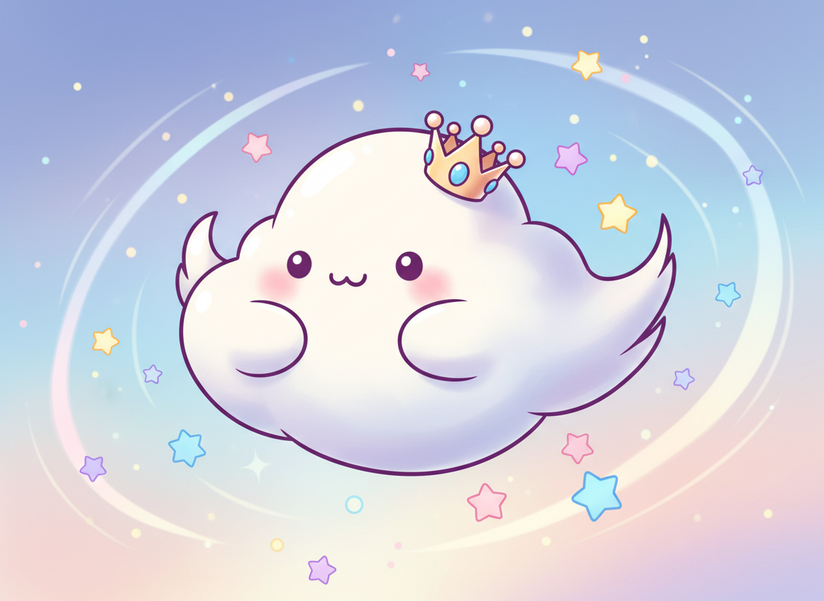 작고 귀여운 왕관을 쓰고 통통한 뺨을 가진 웃는 구름 캐릭터가 별들 사이를 떠다니는 모습.