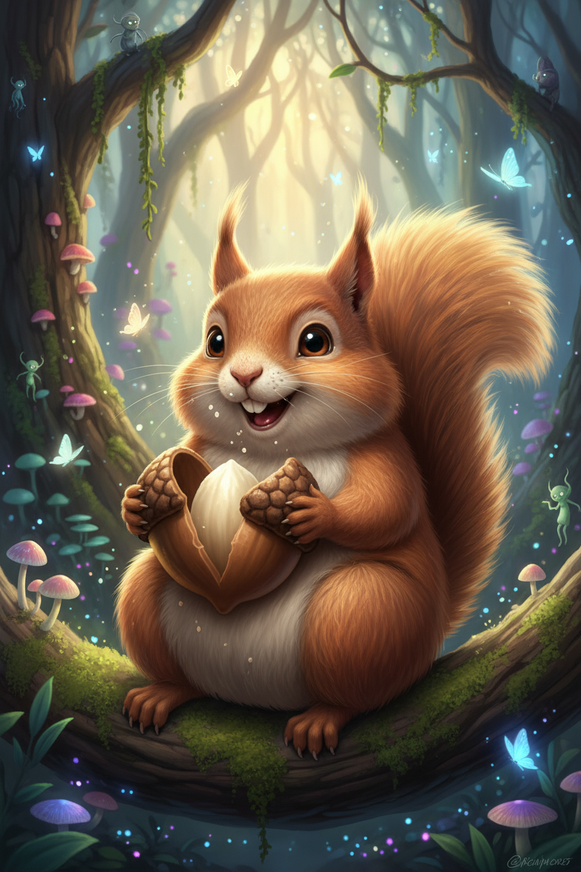 크고 완벽하게 갈라진 도토리를 즐기는 통통하고 표현력이 풍부한 다람쥐 캐릭터가 이끼 낀 나뭇가지에 편안하게 앉아있는 모습, 섬세한 마법에 걸린 숲 배경, 사실적이면서도 매우 귀여운 스타일, 부드러운 햇살.