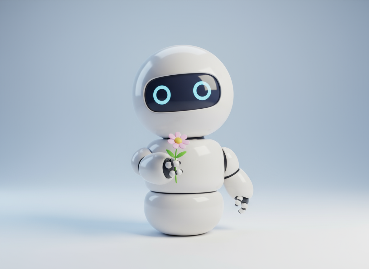 부드러운 둥근 모서리를 가진 매력적인 귀여운 로봇 캐릭터가 작은 꽃을 건네는 모습, 미니멀리스트 3D 렌더링.