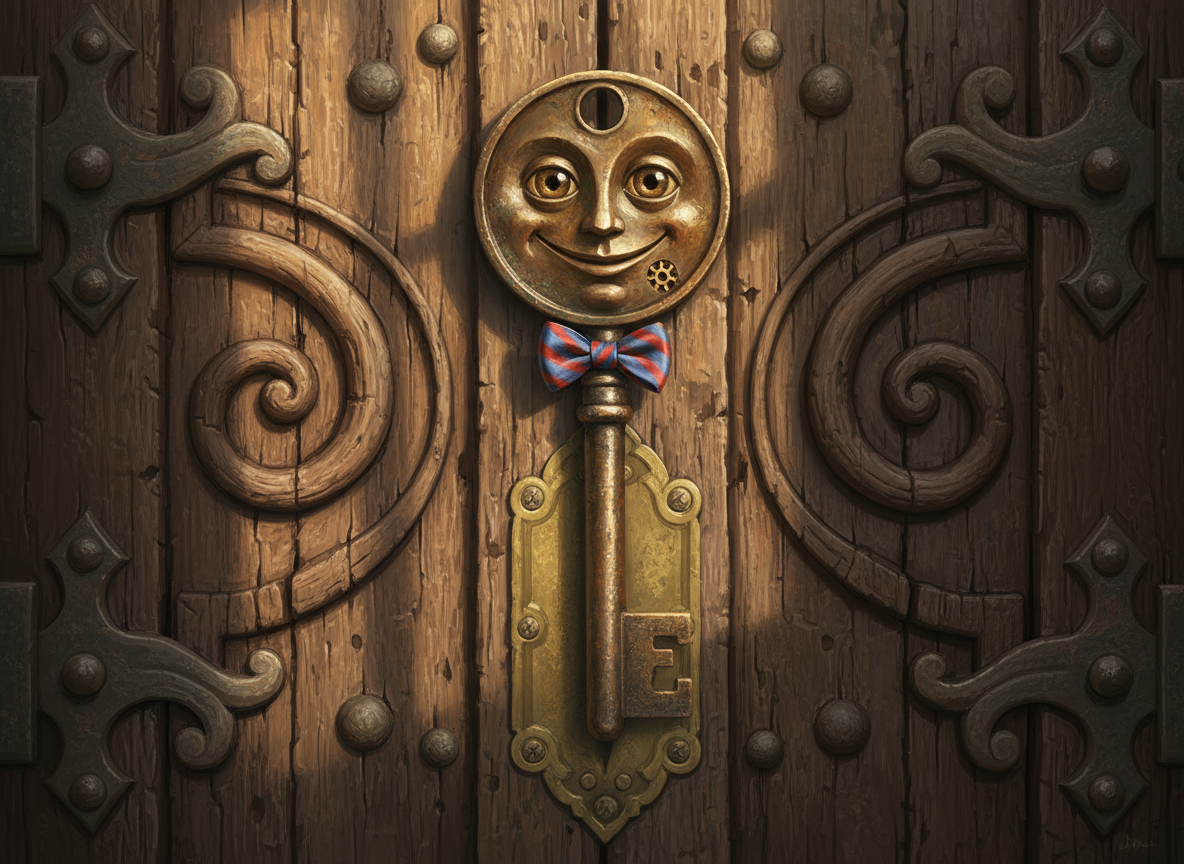크고 친근한 미소를 짓고 작은 나비넥타이를 한 귀여운 오래된 열쇠 캐릭터가 거대한 나무 문 위에 서 있는 모습.