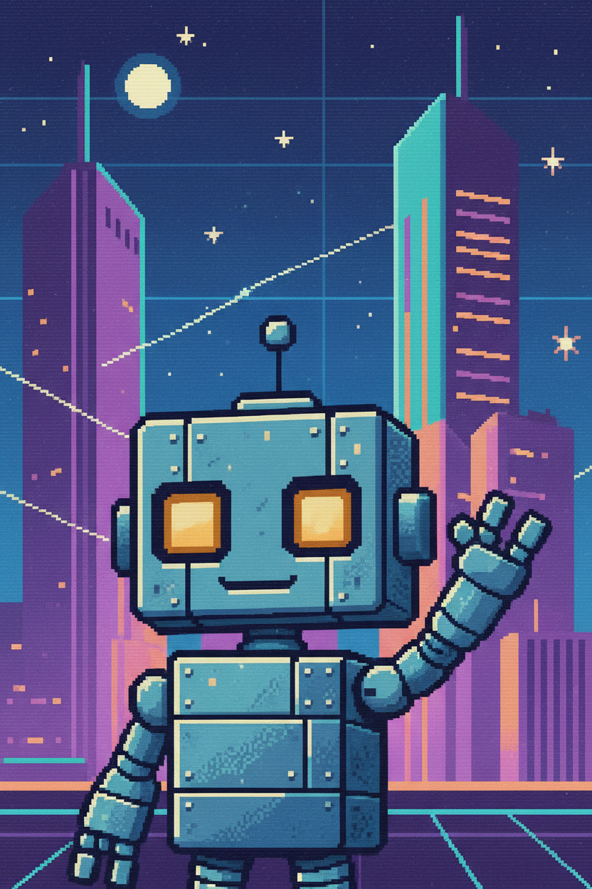 빛나는 눈을 가진 귀여운 픽셀 아트 로봇 캐릭터가 미래 도시 배경에서 손을 흔드는 모습.