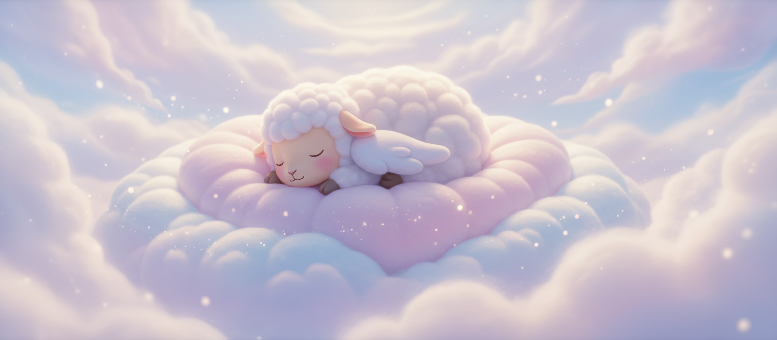 구름 더미 위에서 잠자는 사랑스러운 귀여운 솜털 양 캐릭터, 꿈같은 분위기, 소프트 포커스.