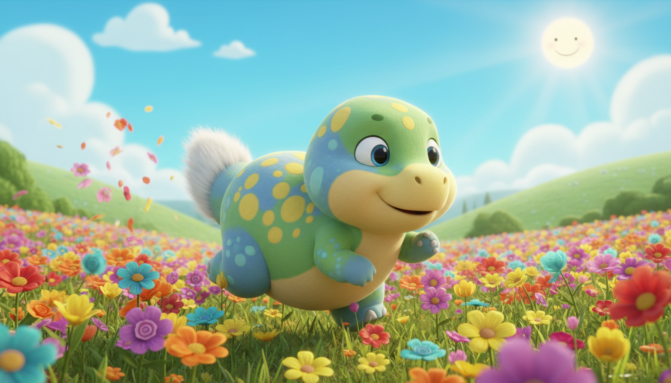 커다랗고 친근한 눈을 가진 장난기 넘치는 귀여운 공룡 캐릭터가 다채로운 꽃밭을 뛰어가는 모습, 밝은 만화.