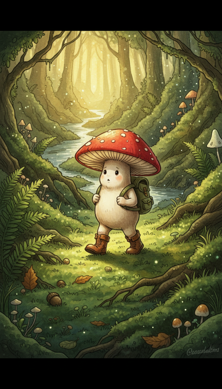 작은 부츠와 배낭을 메고 이끼 낀 숲 바닥을 탐험하는 귀여운 버섯 캐릭터.