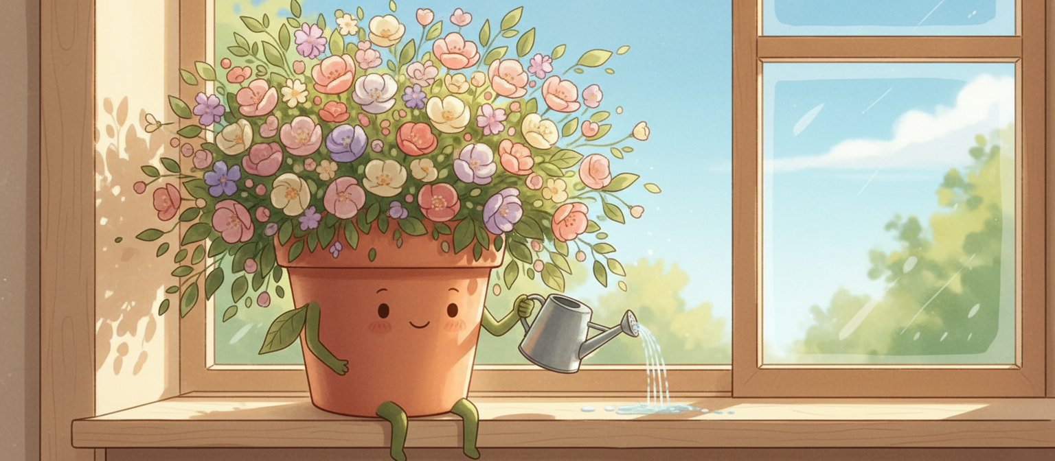 평화롭게 미소 짓는 귀여운 화분 캐릭터가 물뿌리개를 들고 햇살 가득한 창가에 앉아있는 모습.