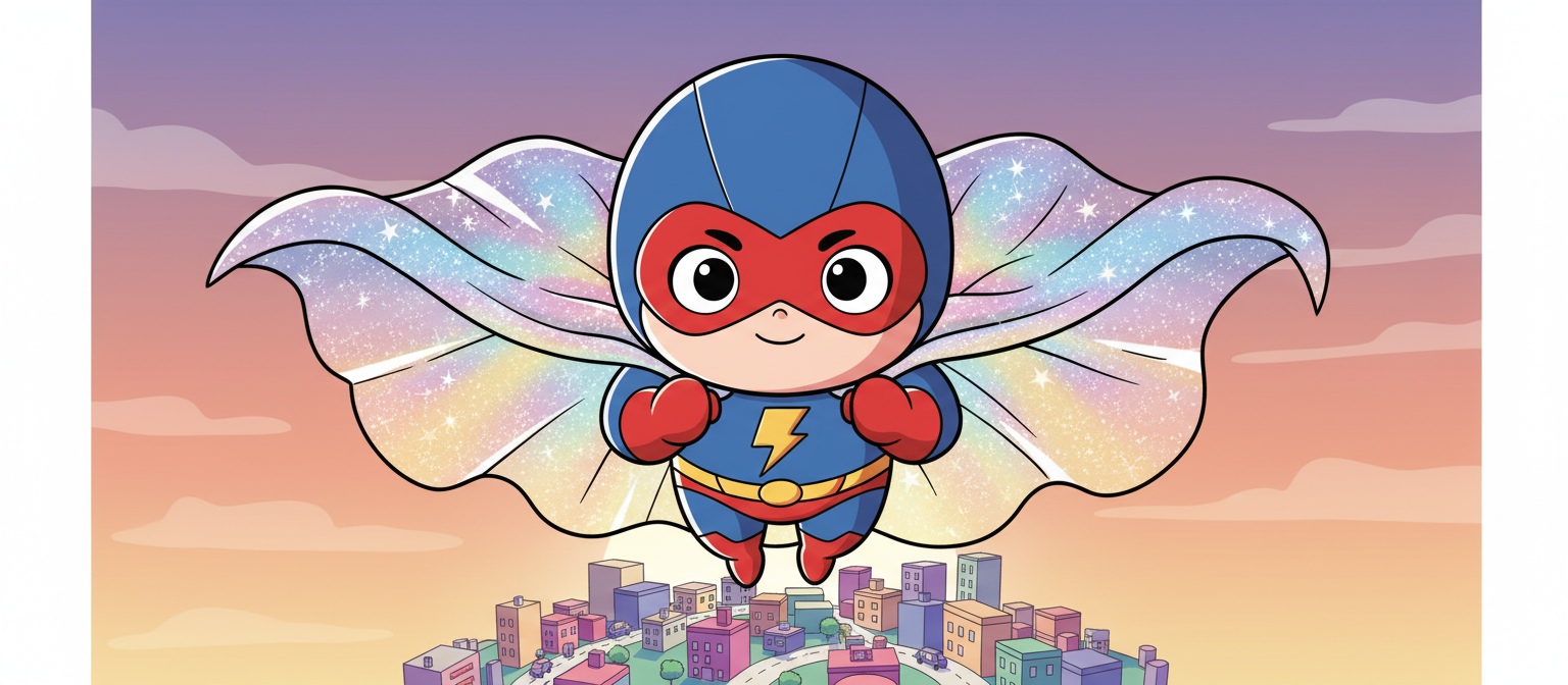 과장된 반짝이는 망토와 결연하면서도 귀여운 표정을 한 치비 스타일 슈퍼히어로 캐릭터가 미니어처 양식화된 도시 위를 나는 모습, 생생한 색상, 깔끔한 선.