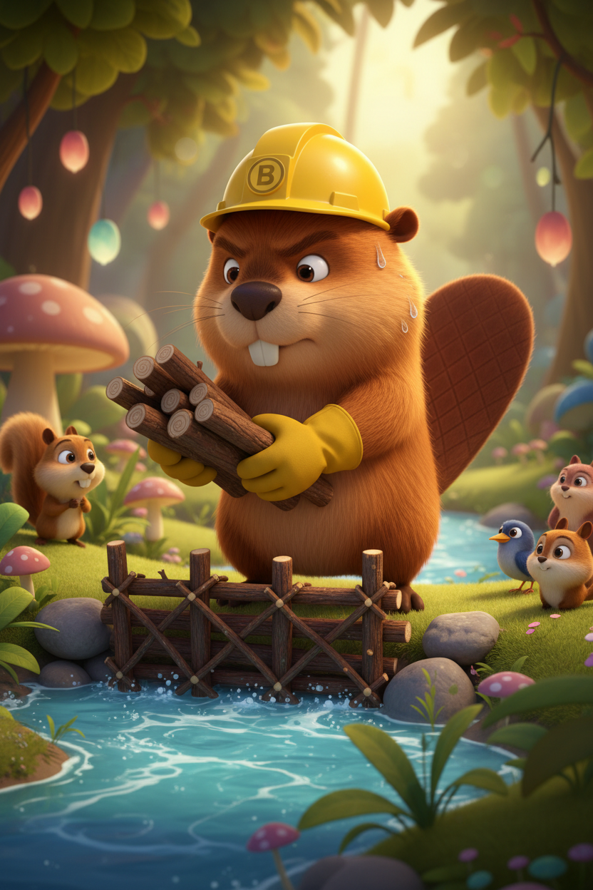 건설 헬멧을 쓴 결단력 있는 귀여운 비버 캐릭터가 작은 통나무로 작은 댐을 부지런히 짓는 모습, 애니메이션 영화 스타일.