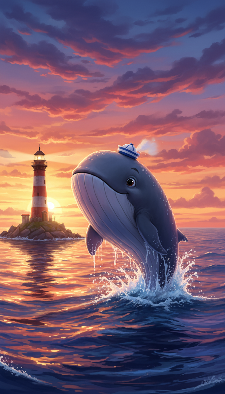 작은 선원 모자를 쓴 호기심 많은 귀여운 고래 캐릭터가 일몰 시 등대 근처에서 장난스럽게 물 밖으로 튀어 오르는 모습, 선명한 색상.