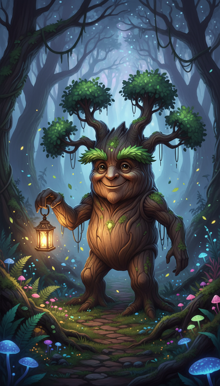 나뭇잎 눈썹을 가진 현명하고 귀여운 오래된 나무 캐릭터가 현명한 미소를 지으며 작은 등불을 들고 있는 모습, 매혹적인 숲.