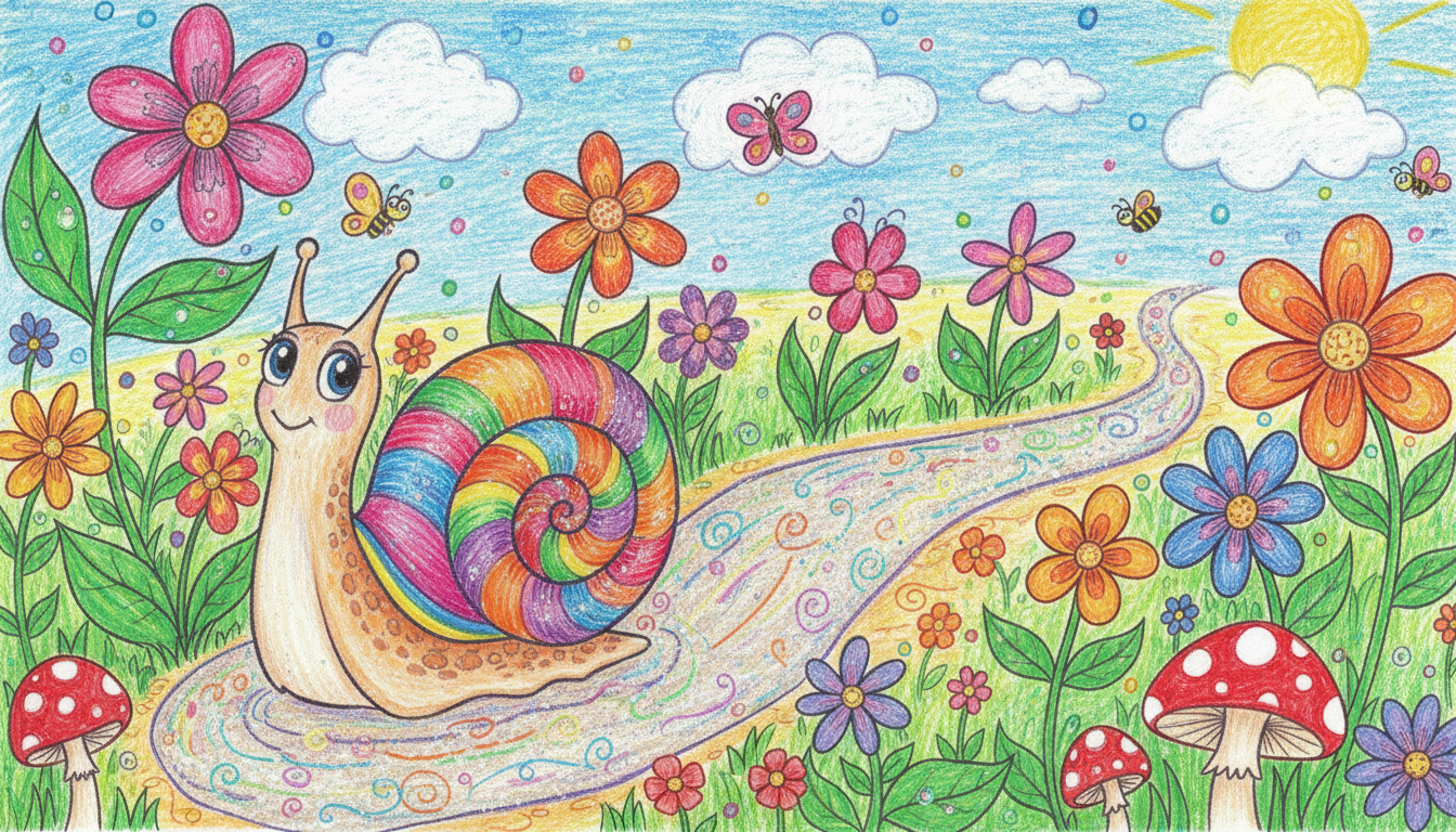 생생하고 다채로운 소용돌이껍질을 가진 귀여운 달팽이 캐릭터가 길고 반짝이는 글리터 흔적을 남기며, 커다란 꽃들로 가득 찬 무성하고 섬세한 정원을 기어가는 모습, 아동미술 스타일.