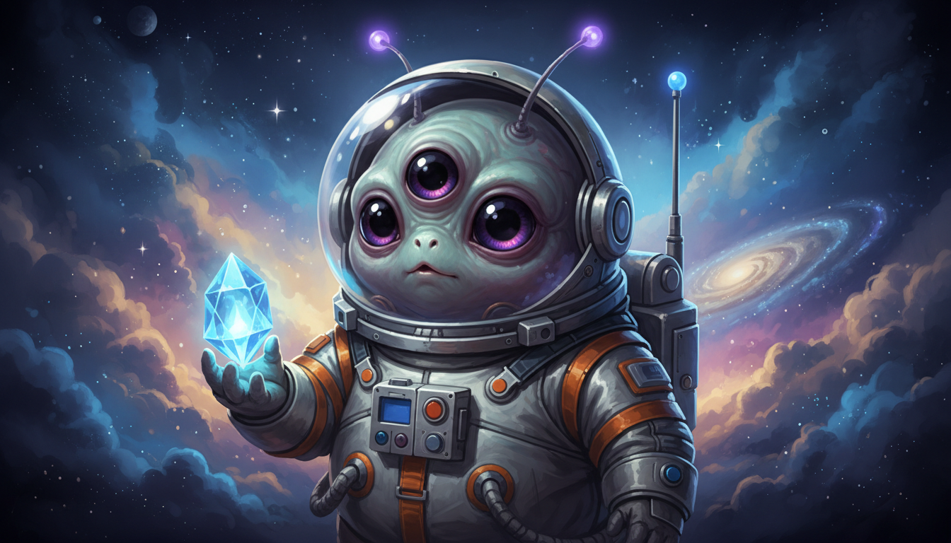 세 개의 큰 눈을 가진 귀여운 외계인 캐릭터가 우주 헬멧을 쓰고 빛나는 수정체를 들고 있는 모습.