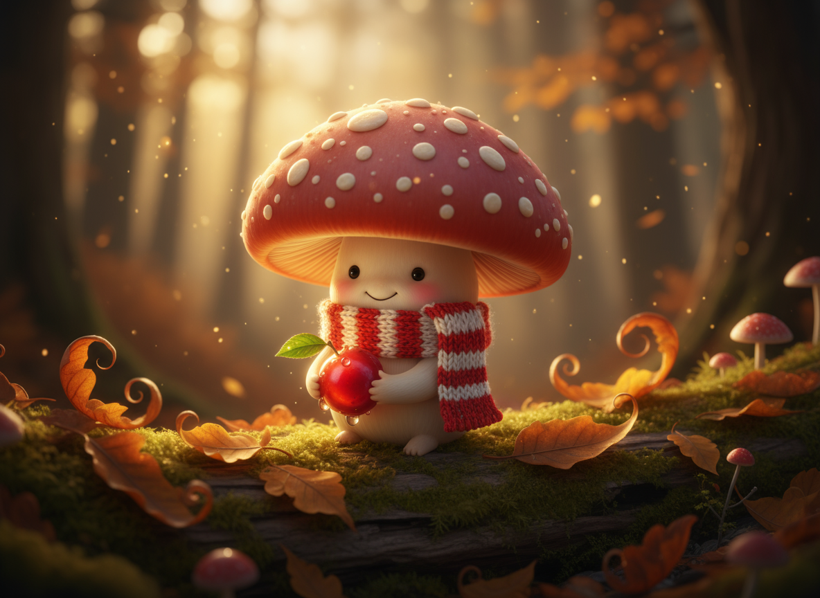작은 빨간색과 흰색 줄무늬 뜨개 스카프를 두른 귀여운 아기 버섯 캐릭터가 반짝이는 숲속 열매를 들고 있는 모습, 가을 잎사귀가 가득한 마법에 걸린 숲 배경, 따뜻한 조명, 아늑한 느낌.