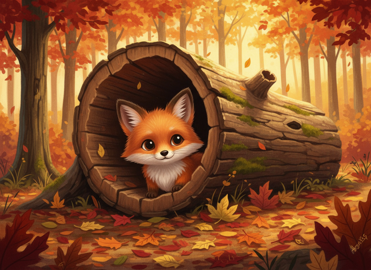 속이 빈 나무통에서 빼꼼히 내다보는 호기심 많은 귀여운 여우 캐릭터, 가을 숲, 따뜻한 색감, 일러스트레이션 스타일.
