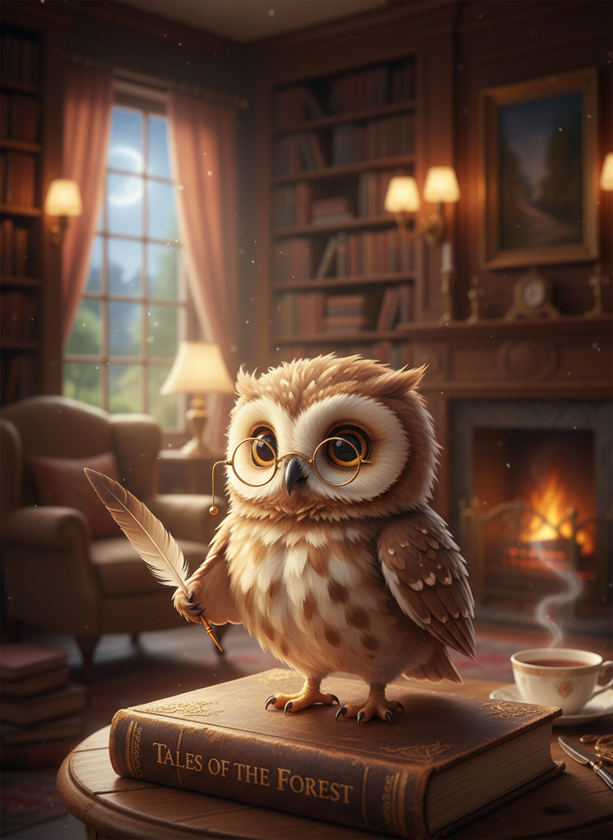 작은 안경을 쓰고 책 위에 앉아 있는 호기심 많은 귀여운 작은 올빼미 캐릭터, 아늑한 도서관 분위기, 따뜻한 조명.