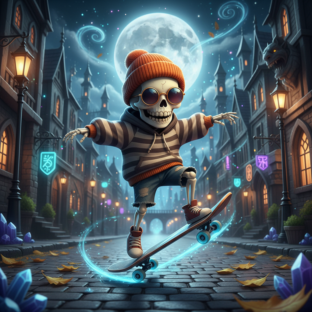 작은 비니와 선글라스를 쓴 멋지고 귀여운 해골 캐릭터가 달빛 비추는 거리에서 스케이트보드를 타는 모습, 도시 판타지.