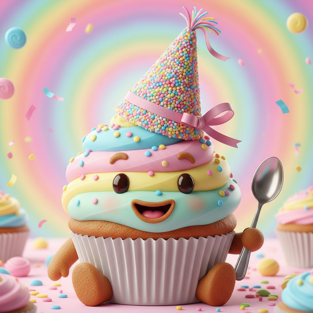 스프링클을 모자처럼 쓰고 작은 숟가락을 들고 있는 쾌활한 귀여운 컵케이크 캐릭터, 생동감 있는 색상.