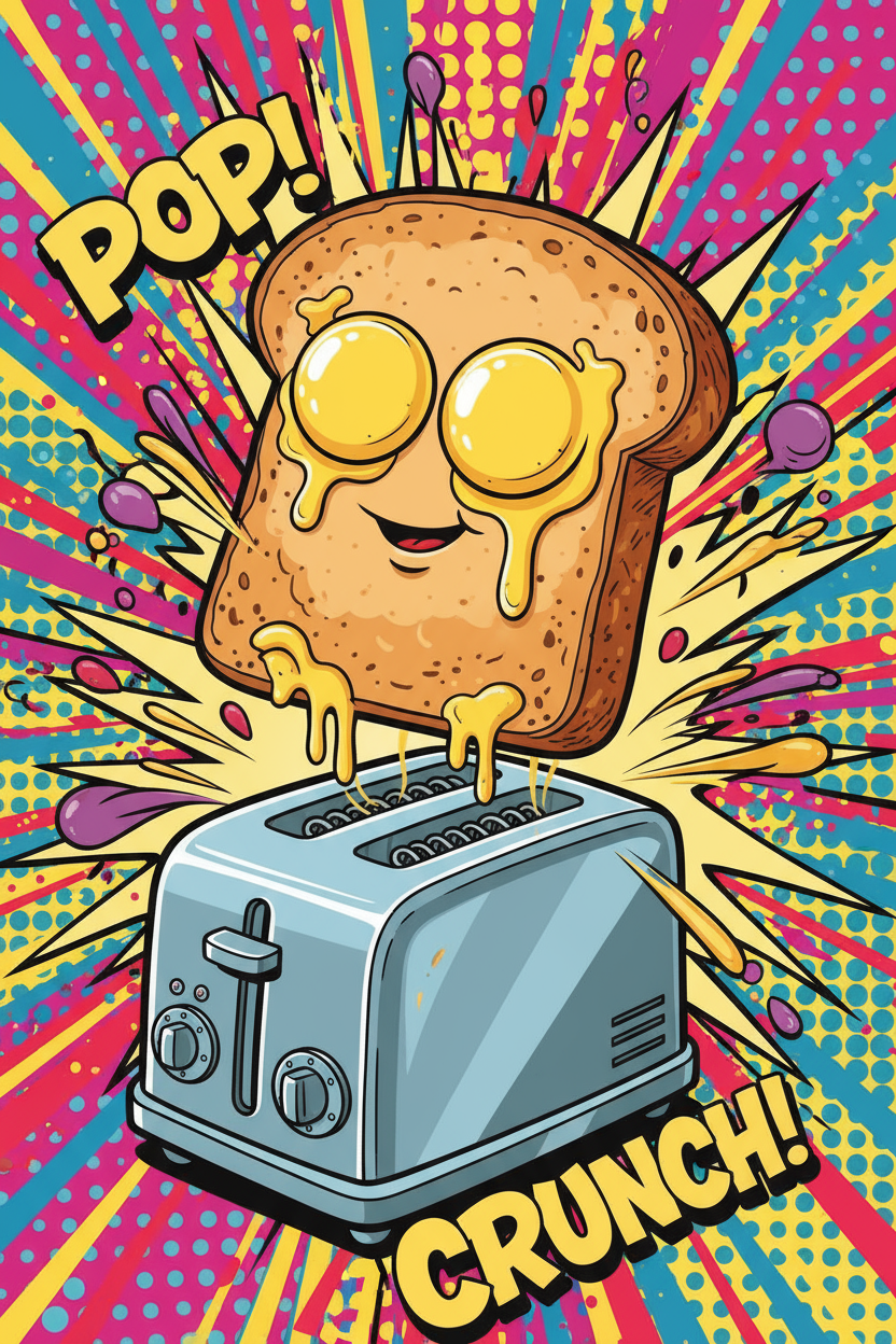 버터 눈을 가진 기뻐하는 귀여운 토스트 캐릭터가 토스터에서 튀어나오는 모습, 역동적인 조명, 팝아트.