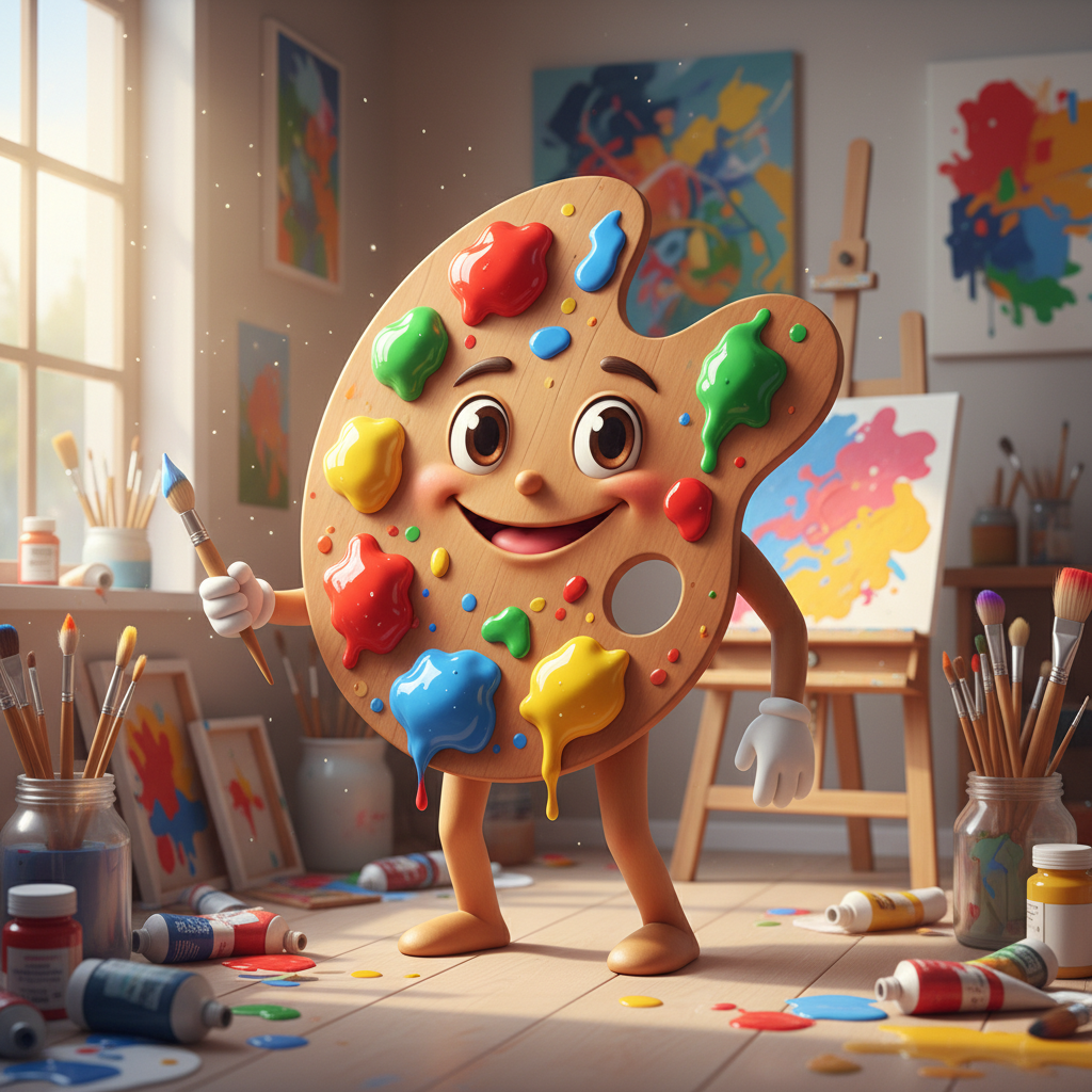 다채로운 색상으로 덮여 있고 밝게 웃으며 작은 붓을 들고 있는 귀여운 팔레트 캐릭터.