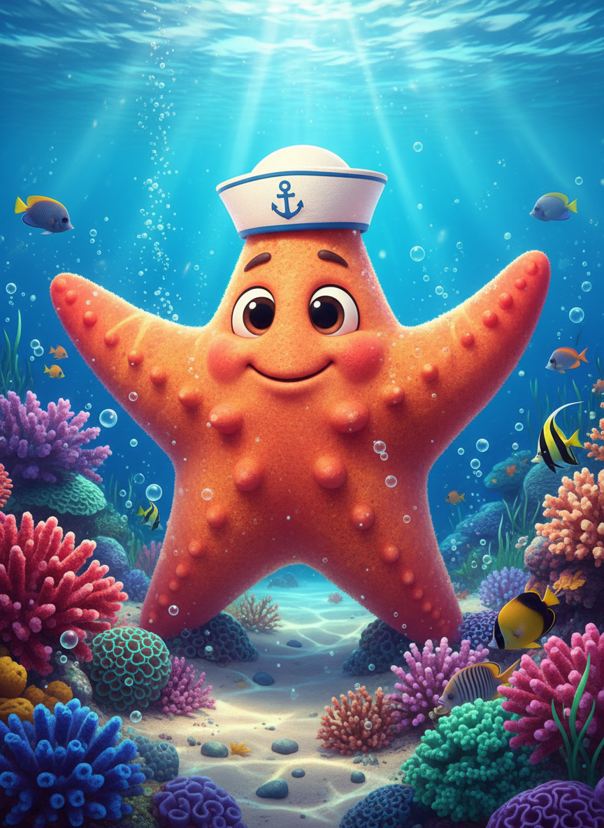 선원 모자를 쓰고 바다 밑에서 손을 흔드는 온화하고 귀여운 불가사리 캐릭터, 맑은 바닷물, 생동감 있는 산호.