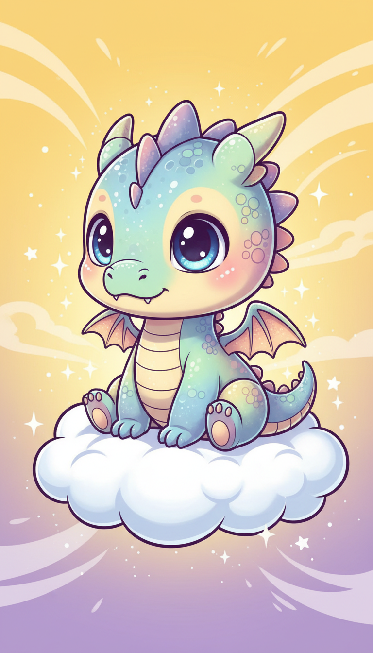 크고 반짝이는 눈을 가진 귀여운 아기 용 캐릭터가 솜털 구름 위에 앉아있는 모습.