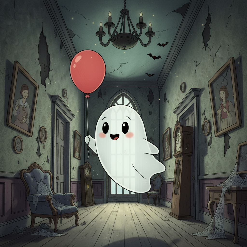 풍선을 들고 유령의 집 복도를 즐겁게 떠다니는 작고 귀여운 유령 캐릭터, 만화 애니메이션 스타일.