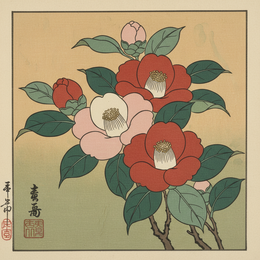 대담한 그래픽 형태와 제한된 색상 팔레트가 특징인 일본 목판화 스타일의 동백꽃 일러스트, 우아하고 간결한 느낌.