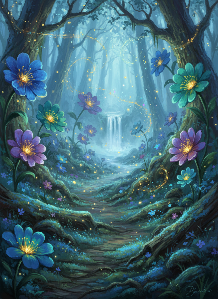 마법 숲에서 빛나는 꽃들의 판타지 일러스트.