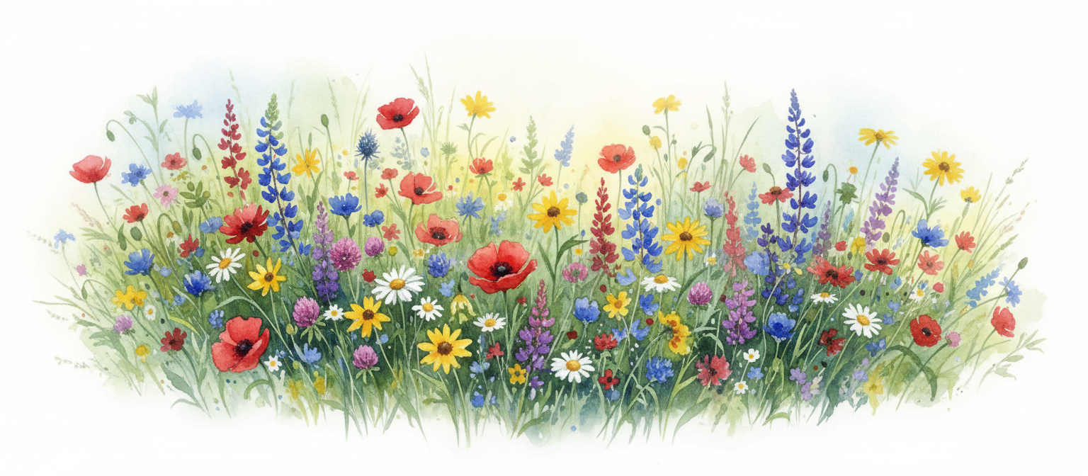 활기 넘치는 들꽃이 풍성하게 피어있는 수채화 일러스트.