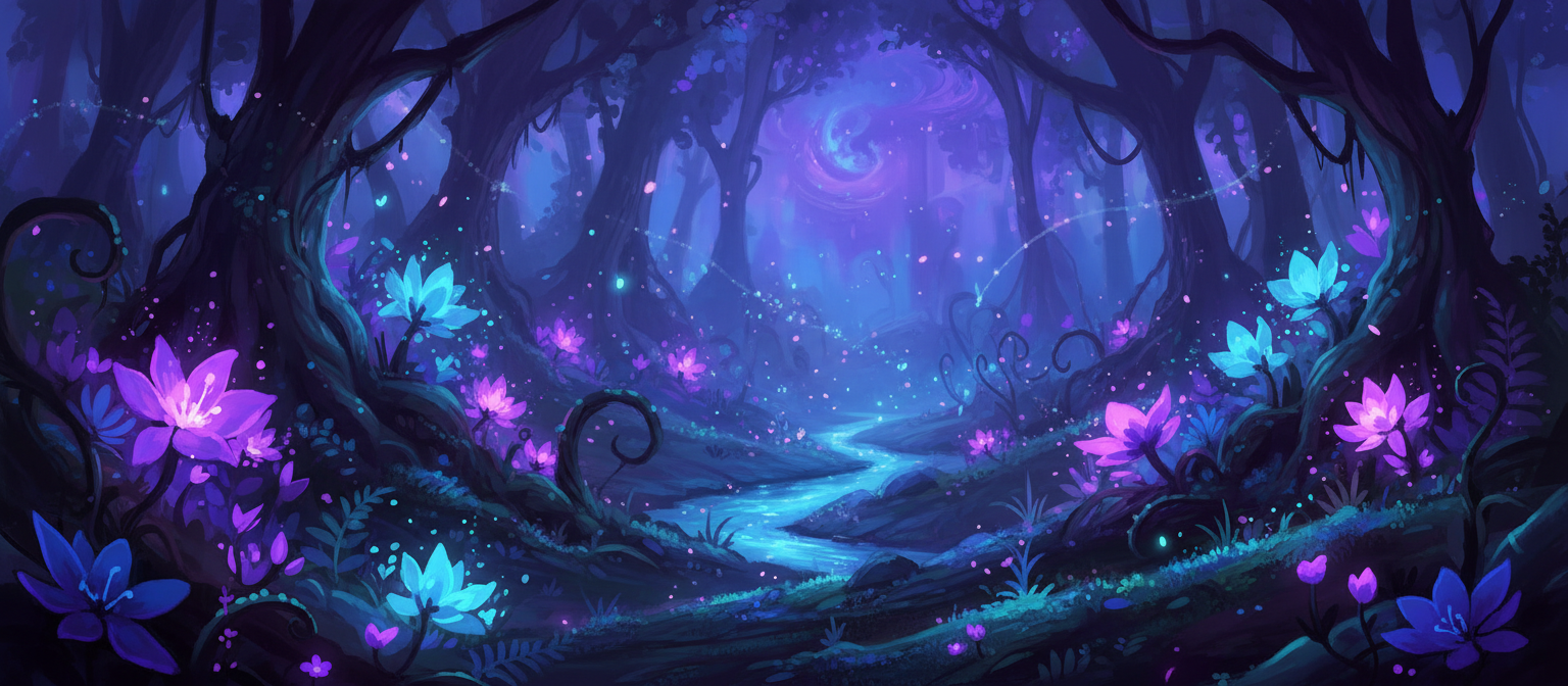 어스름한 숲 속에서 빛나는 생체 발광 꽃들의 환상적인 일러스트.
