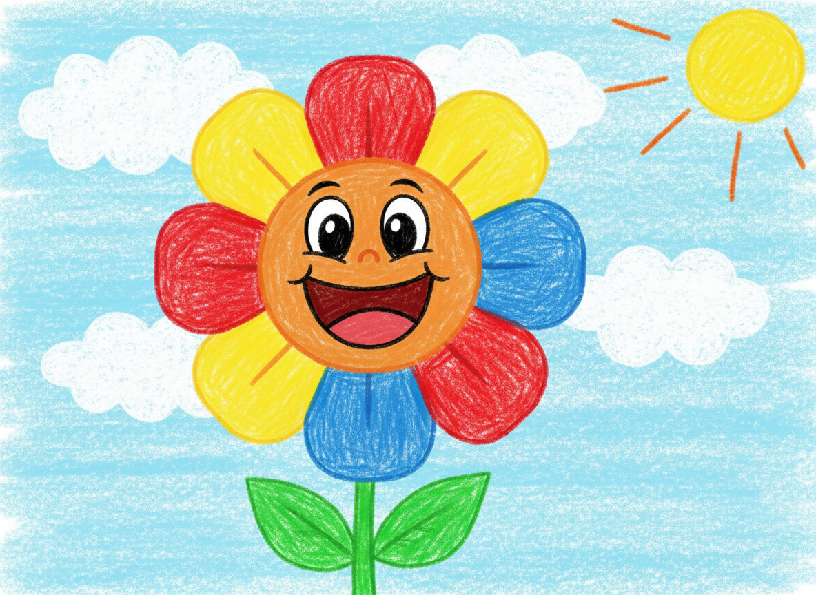 미소 짓는 행복한 꽃을 어린아이가 그린 듯한 크레용 스타일의 단순한 일러스트.