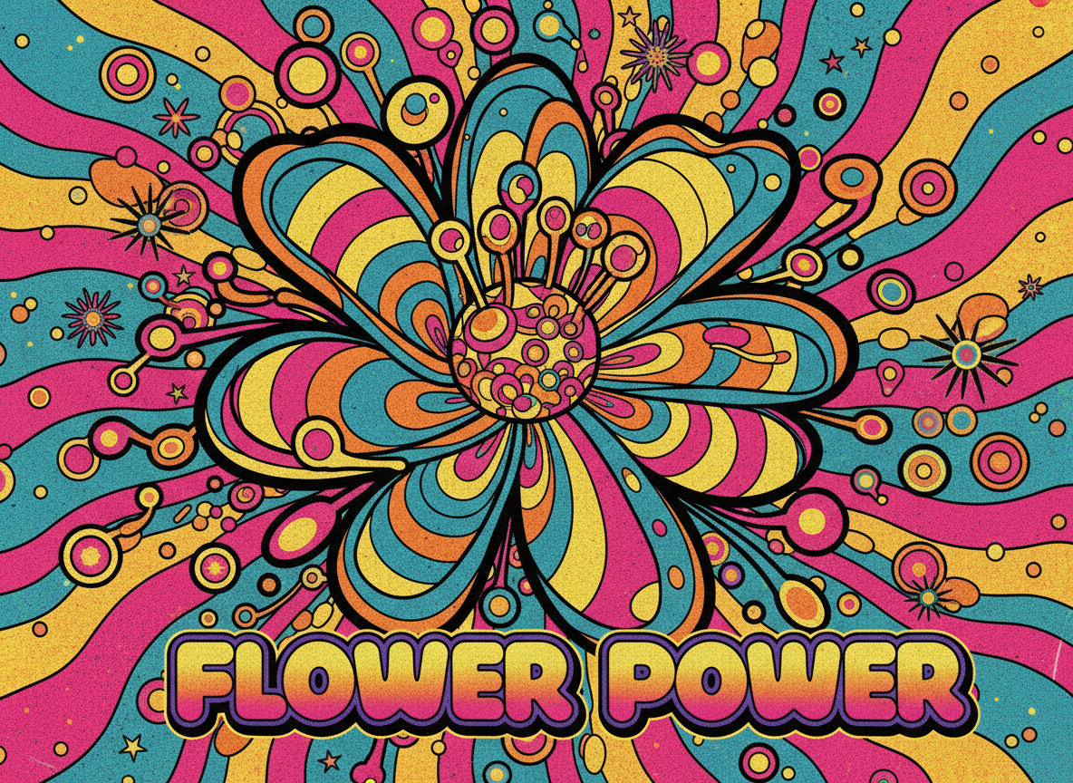 대담한 윤곽선과 생생한 보색이 특징인 강렬한 사이키델릭 레트로 팝 아트 꽃 일러스트, 만화책 스타일.